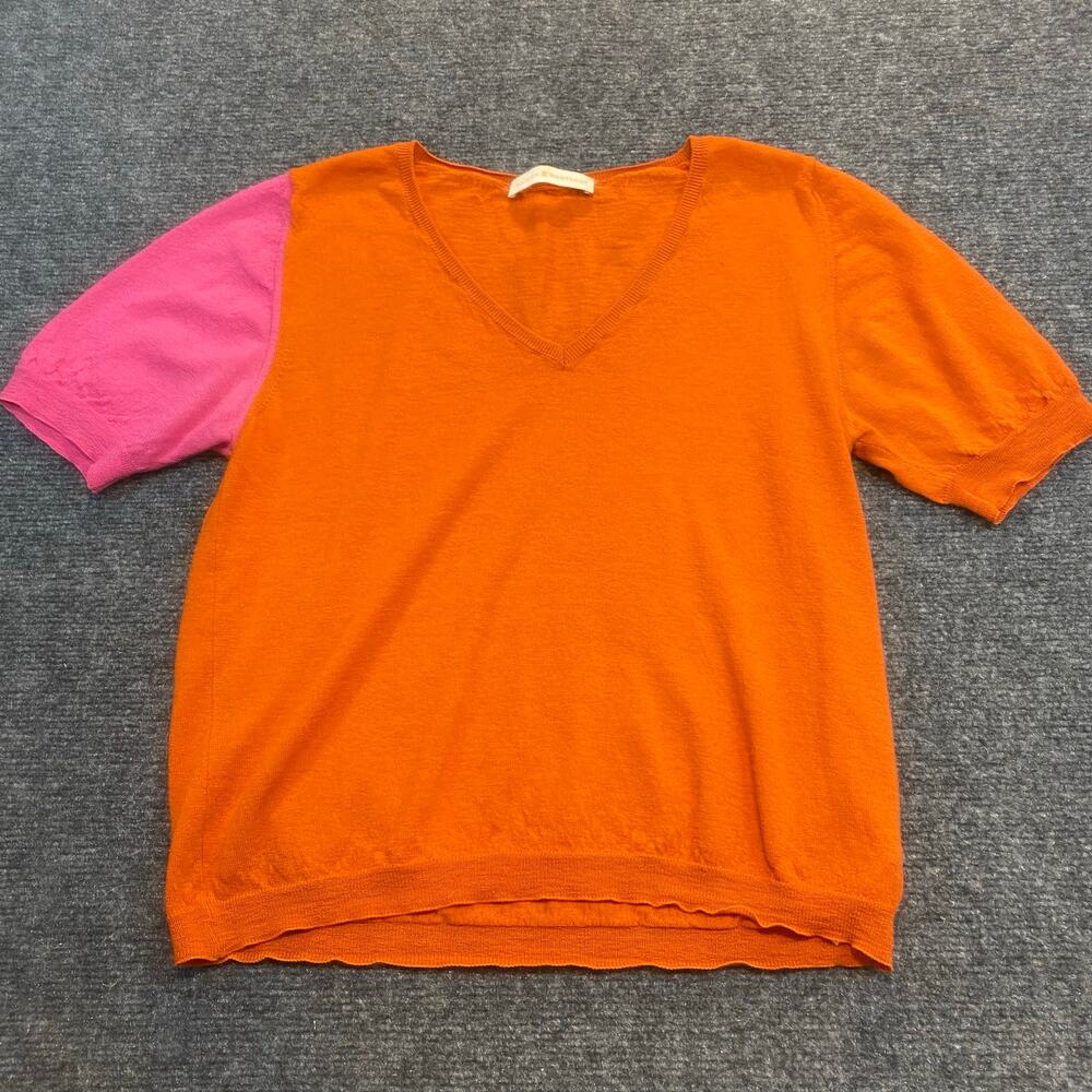 Maison Montagut Womens Medium Colorblock Orange Pink Merino Wool V Neck Sweater